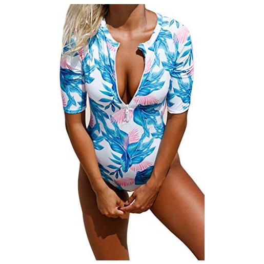 Ocean Plus donna costume da bagno anteriore con zip girocollo monopezzo a maniche corte costumi da bagno a vita alta beach surf beachwear (m (eu 36-38), foglie blu)