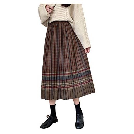 BiilyLi gonne lunga invernale donna gonna pieghe elegante scozzese lana caldo vita elastica vintage vita alta svasata gonne 1-m