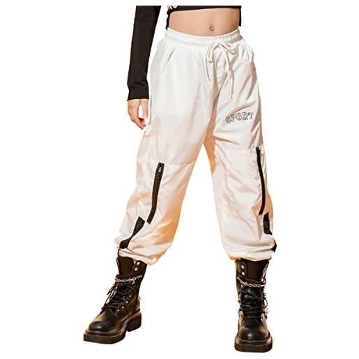 Maeau pantaloni cargo da bambina pantaloni hip hop con tasche multiple elasticizzati, pantaloni da ballo streetwear bianco 13-14 anni