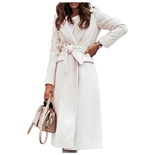 YiZYiF donna giacca a vento di media lunghezza cappotto lungo monocromatico di lana con rever outwearcon cintura bianco s