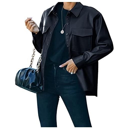 ORANDESIGNE camicetta in finta pelle da donna camicia giacca oversize a maniche lunghe colletto turn-down pulsante anteriore camicia casuale camicetta con tasca a nero xs