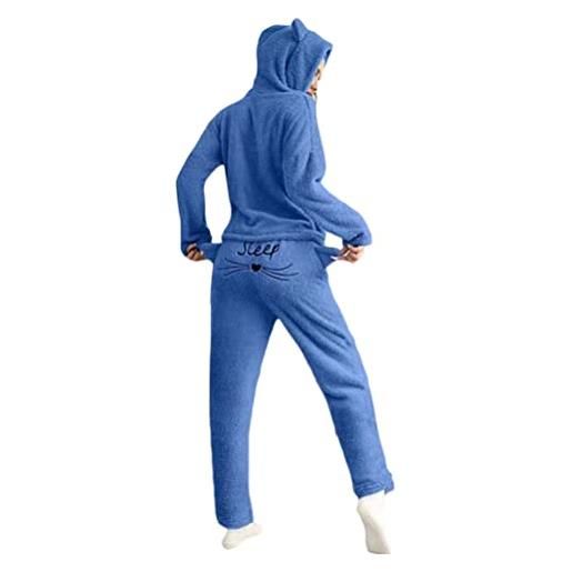 Minetom pigiama donna invernale lungo di pile pigiami due pezzi gatto carino maniche lunghe felpa con cappuccio e pantaloni blu m