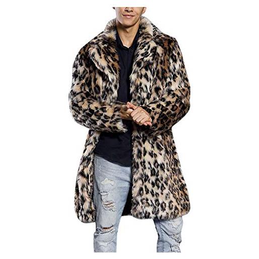 Jimmackey Uomo giacca di pelliccia sintetica caldo inverno trincea outwear lunghi leopardo soprabiti uomo slim fit cappotto maniche lunghe soprabito moda casuale trench cappotto