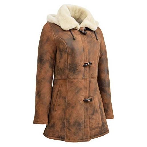 A1 FASHION GOODS vera pelle di pecora duffle coat per donne 3/4 lungo con cappuccio cognac shearling giacca armas, cognac, 42