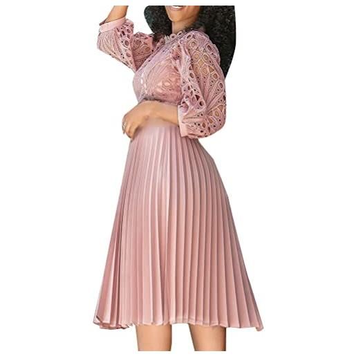 Minetom vestito da cerimonia donna elegante linea ad a taglie forti abiti da sera in pizzo tinta unita midi abito a pieghe a rosa (con cintura) xl
