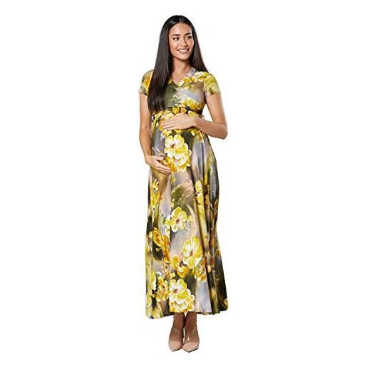 HAPPY MAMA. Donna maxi vestito prémaman per l'allattamento maniche corte. 599p (grafite & fiori gialli, it 40, s)