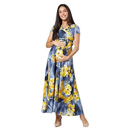 HAPPY MAMA. Donna maxi vestito prémaman per l'allattamento maniche corte. 599p (fiori d'oliva e gialli, it 40, s)