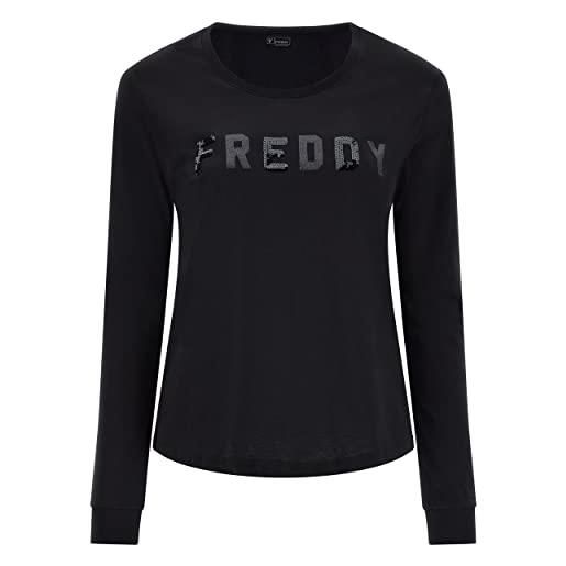 FREDDY - t-shirt comfort manica lunga e grafica paillettes, nero, small