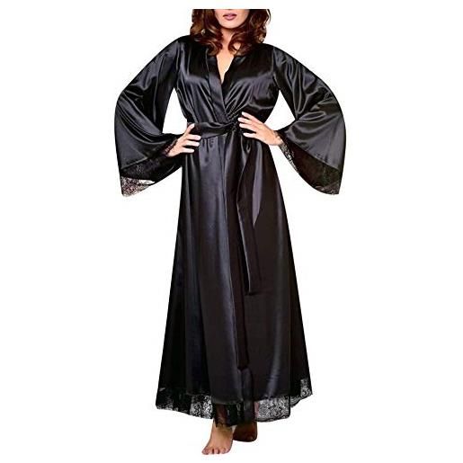 nvtuuer kimono - vestaglia da donna, lunga, in tinta unita, con maniche lunghe, in pizzo, per damigella d'onore, in raso, ideale per la notte, estivo, colore puro, nero, s