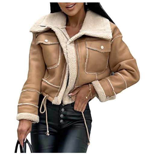 Zukmuk giacca invernale in camoscio da donna manica lunga cappotto in pelliccia sintetica casual moda casual (kaki chiaro, s)