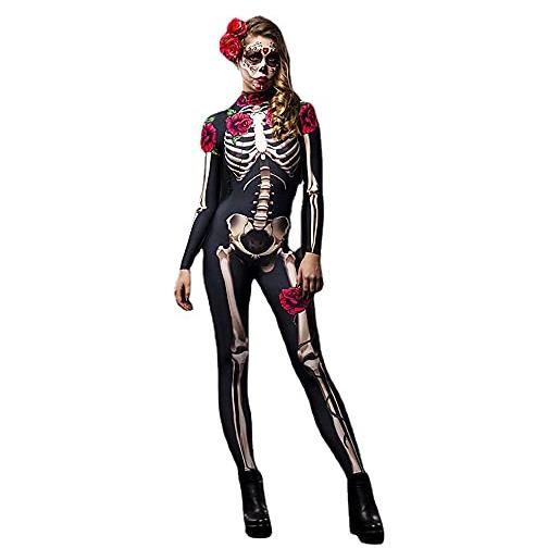 sujinxiu halloween elastico 3d skull print tuta pagliaccetti collant scheletro costume cosplay per donna