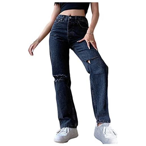 Onsoyours jeans lunghi per donna alta vita jeans per ragazza tasche laterali strappati pants jeans gamba larga denim pantaloni di tinta unita a nero m