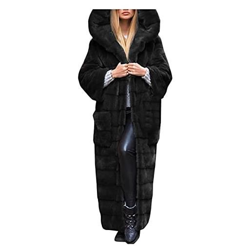 Kobilee cappotto invernale da donna in pelliccia sintetica lunga con cappuccio, caldo ed elegante, nero , s