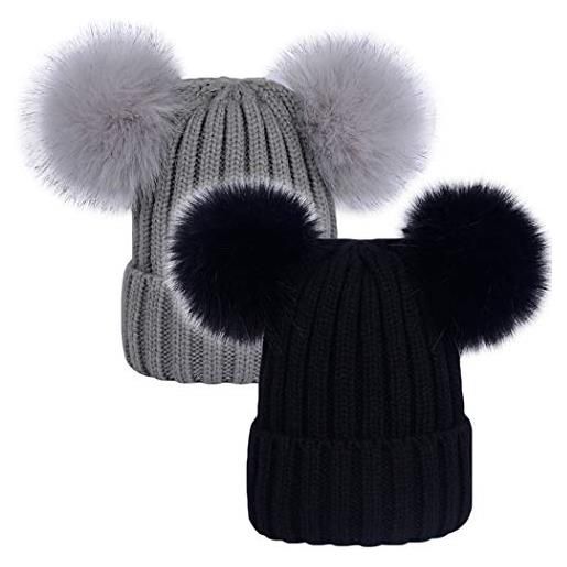 LAUSONS berretti invernali da donna cappello lavorato a maglia con doppio pompon di pelo sintetico rimovibile nero/grigio