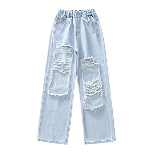 iEFiEL jeans bambina ragazza pantaloni lunghi progettista denim strappato ginocchio pantaloni con vita elasticizzata moda biker magro slim adattarsi età 5-14 anni blue d 8-9 anni