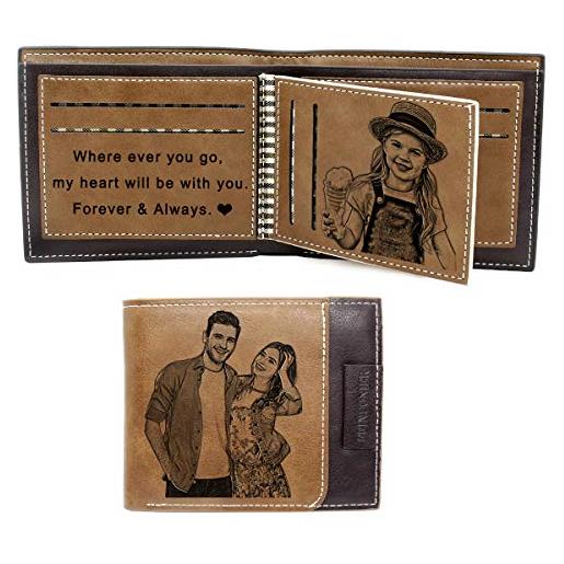 SeeWeLove portafoglio personalizzato con foto, portafoglio inciso, portafoglio trifold in pelle da uomo donna (marrone)