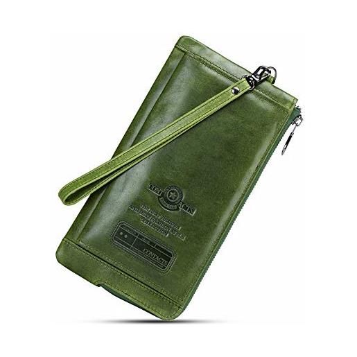 Contacts portafoglio in pelle cerniera bloccante rfid, portamonete con carta di grande capacità, pochette con cinturino polso per donna/uomo (verde)
