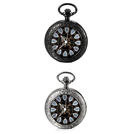 JewelryWe orologio da tasca meccanico automatico disegno fiore cuore numeri romani colore nero/argento collana con pendente