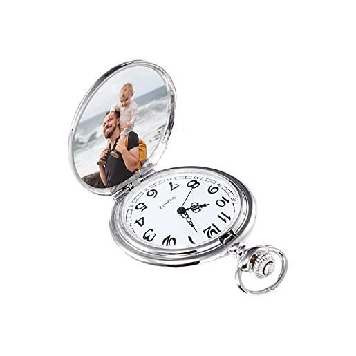 Zhaolian888 orologio da tasca personalizzato con foto e incisione orologio da taschino da uomo in acciaio inossidabile con catene e confezione regalo per il giorno di padri