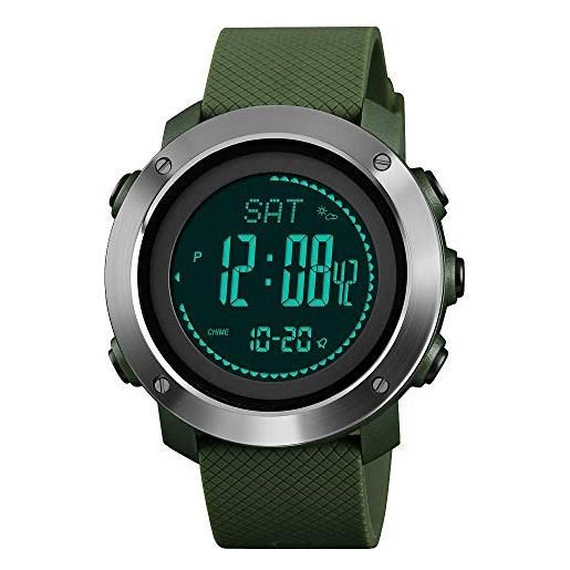 Omadiol orologio digitale uomo sportivo, pedometro militare esterno dual time calorie stop2 allarme el light date countdown orologio da polso uomo, verde acciaio