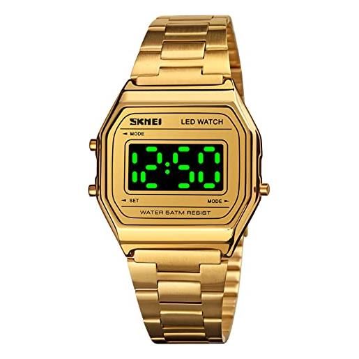 FAMKIT orologio digitale unisex impermeabile in acciaio inossidabile orologio da polso retroilluminato a led elegante per uomini e donne, oro