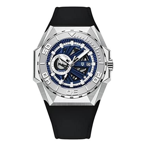 RollsTimi pagani design ys007 - orologio automatico da uomo, movimento giapponese, in acciaio stianless, cinturino in pelle, impermeabile fino a 100 m, argento blu, cinturino
