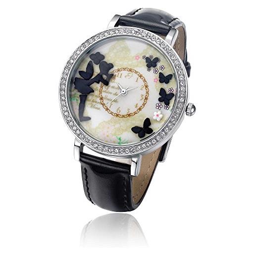 Luca Barra orologio con ip argento e cinturino nero - fata e farfalle