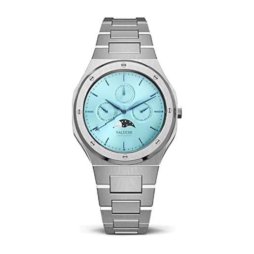Valuchi moda lusso uomo lunar calendar impermeabile acciaio inossidabile moonphase vetro zaffiro giapponese quarzo analogico casual watch con data (blu ghiaccio argento)