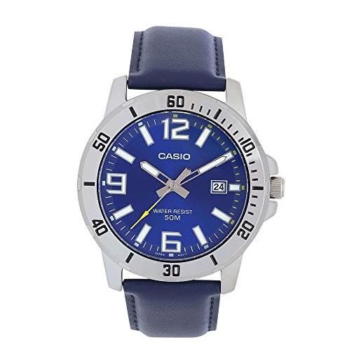 Casio mtp-vd01l-2bv orologio sportivo analogico da uomo con cinturino in pelle blu con quadrante blu, blu, movimento al quarzo
