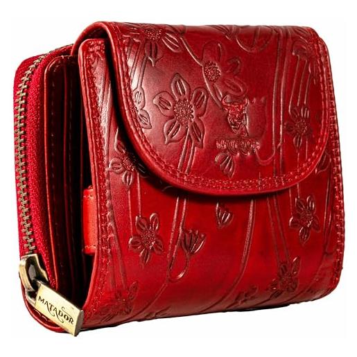 Matador portafoglio da donna in vera pelle, protezione rfid, compatto, motivo floreale rosso, classico