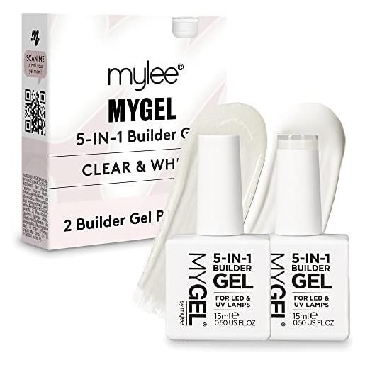 Mylee duo di gel costruttore 5-in-1 2x15ml, bianco e trasparente - base e top coat smalto rinforzante uv/led, punte ed extension, decorazioni nail art, riparazione manicure professionale