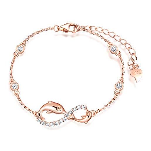 MicLee - bracciale da donna in argento sterling 925, con simbolo delfini e infinito, decorato con zirconi e argento, colore: oro rosa, cod. Ium0202-rose gold