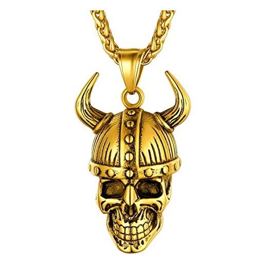ChainsHouse collana da uomo con teschio casco odino oro placcato simboli della mitologia norrena stile punk hiohop collana amuleto in acciaio inossidabile 316l