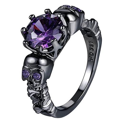 OIDEA anello da uomo donna cranio teschio punk nero in rame con viola zircone diamante rock ring per halloween，misura 17(57mm)