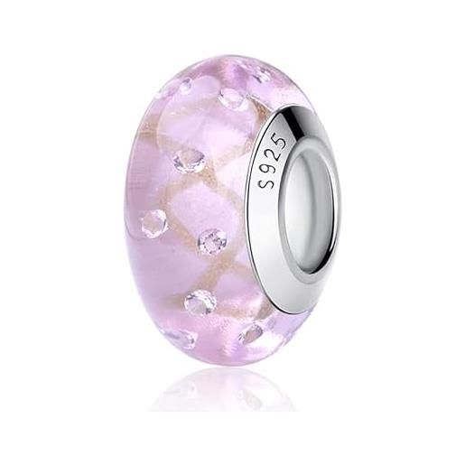 Nbsameng charm glitter in vetro di murano, ciondolo per braccialetti e catenine per donna, ciondoli in argento 925% , rosa