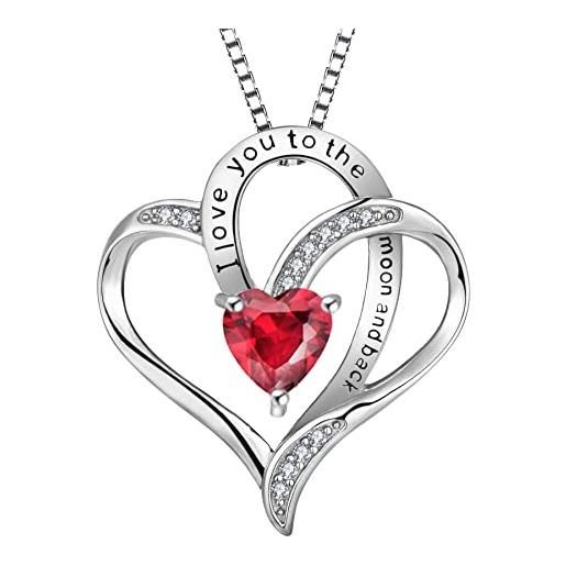 YL collana cuore argento 925 tagliare luglio pietra portafortuna rubino ciondolo per donna, catena 45+3 cm