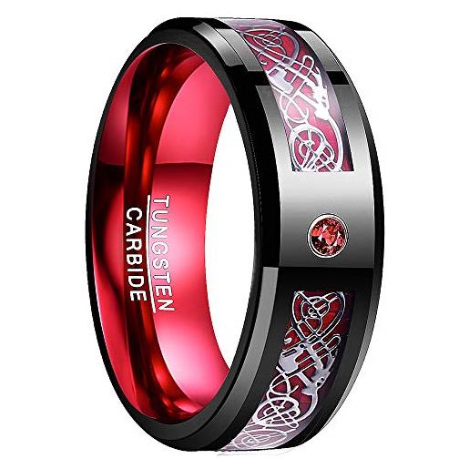 NUNCAD anello uomo donna nero+rosso con motivo drago celtico in tungsteno con zircone e fibra di carbonio 8mm per fidanzamento fedi taglia 22.5