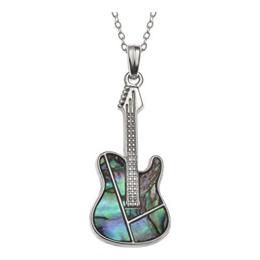 Kiara Jewellery, collana con ciondolo intarsiato a forma di chitarra con conchiglia naturale di aliotide di paua, di colore blu verdastro, con catena forzatina da 45,7 cm