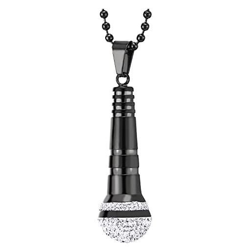 COOLSTEELANDBEYOND microfono ciondolo con zirconi, collana da uomo, acciaio inossidabile, nero bianco, palla catena 75cm