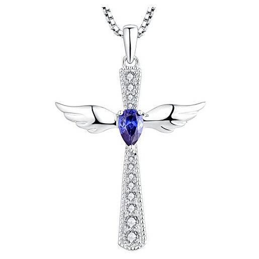YL collana croce ala d'angelo 925 argento pietra portafortuna dicembre tanzanite ciondolo angelo custode per donna, catena 45+3cm