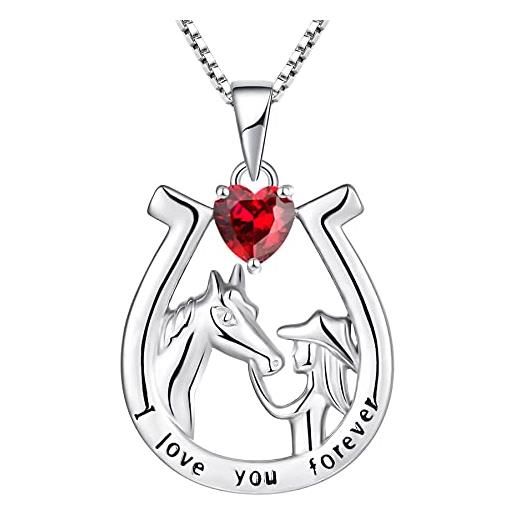 YL collana a ferro di cavallo in argento 925 con luglio pietra portafortuna rubino gioielli con ciondolo a forma di cavallo per donna fidanzata