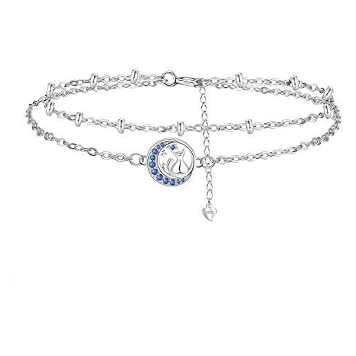 Hifeeled bracciale luna donna argento 925 braccialetto gatto con zirconia cubica doppia catena regolabile(16+4) gioielli donna regalo originale