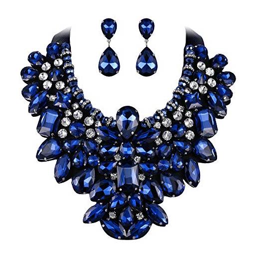 EVER FAITH parure gioielli donna, cristallo retro costume statement collana orecchini set per banchetto, ballo blu argento-fondo