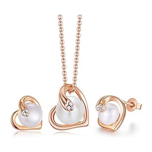 PHENIOTACE set di gioielli collana e orecchini a perno a forma di cuore con perle d'acqua dolce e cristalli swarovski, oro rosa, regalo di gioielli 01868