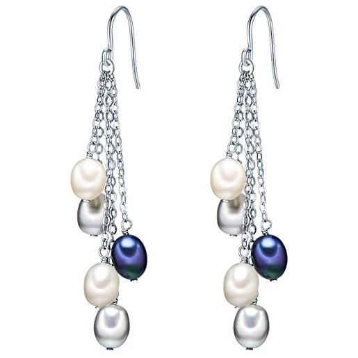 Valero Pearls orechinni pendenti da donna in argento sterling 925 con rodio con perle coltivate d'acqua dolce bianco grigiore blu pavone 60201338
