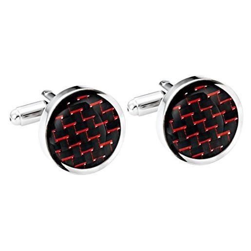 Urban-Jewelry gemelli in titanio e fibra di carbone lucida, colori nero e rosso, forma rotonda
