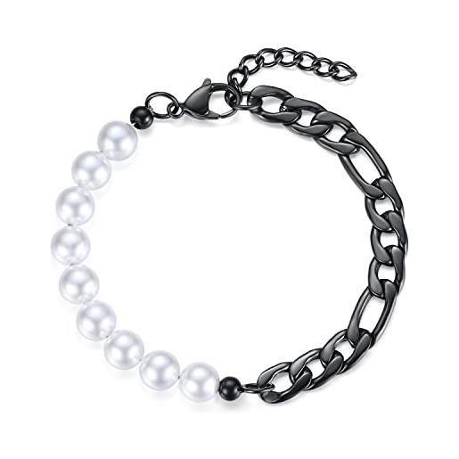 LuxSep bracciale da uomo con perle di conchiglia e catena figaro in acciaio inox nero
