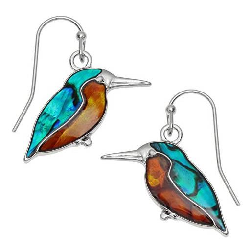 Kiara Jewellery kiara gioielli kingfisher fishhook orecchini intarsiato con naturale verdastro blu e arancione paua abalone. Ipoallergenico non si ossida colore argento rodiato. 