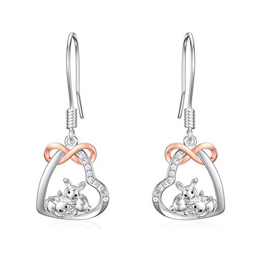 LONAGO orecchini coniglio 925 sterline d'argento carino due coniglio nel cuore orecchini pendenti gioielli per le donne