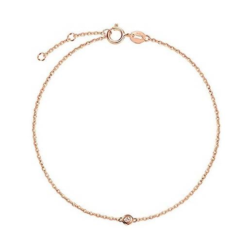 Carleen bracciale in oro rosa massiccio 18 carati (750) con incastonatura a lunetta rotonda, con diamanti naturali, delicato e minimalista, per donne e ragazze, lunghezza della catena: 17 + 3 cm
